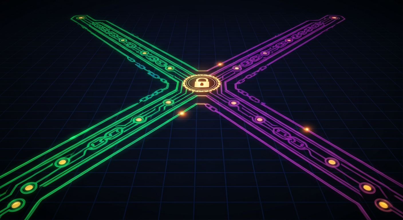 Two glowing proof-path lanes, one emerald-green and one violet, racing toward a central lock and registry hub where they converge